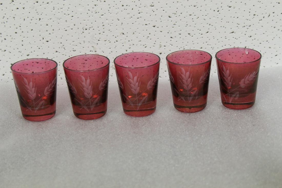 Lot of 5 Ruby Red Cut Glass Shot Glasses: 2 1/4" tall