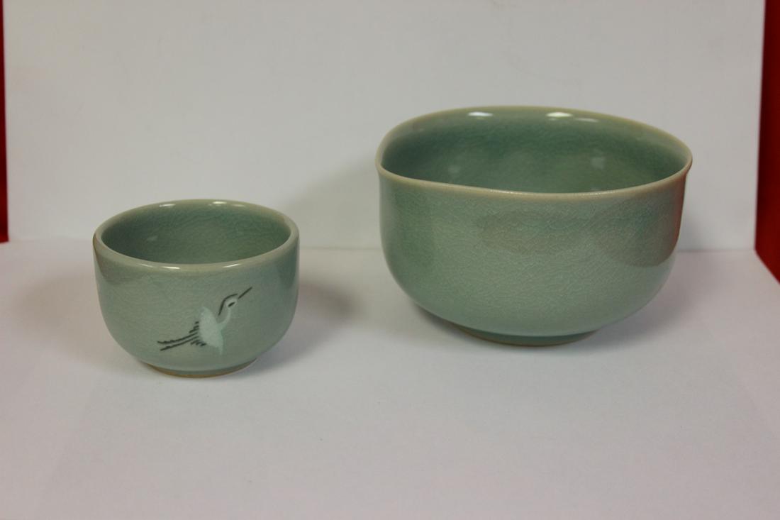Lot of Two Signed Korean Celadon Bowls: Larger diameter: 4 1/2"