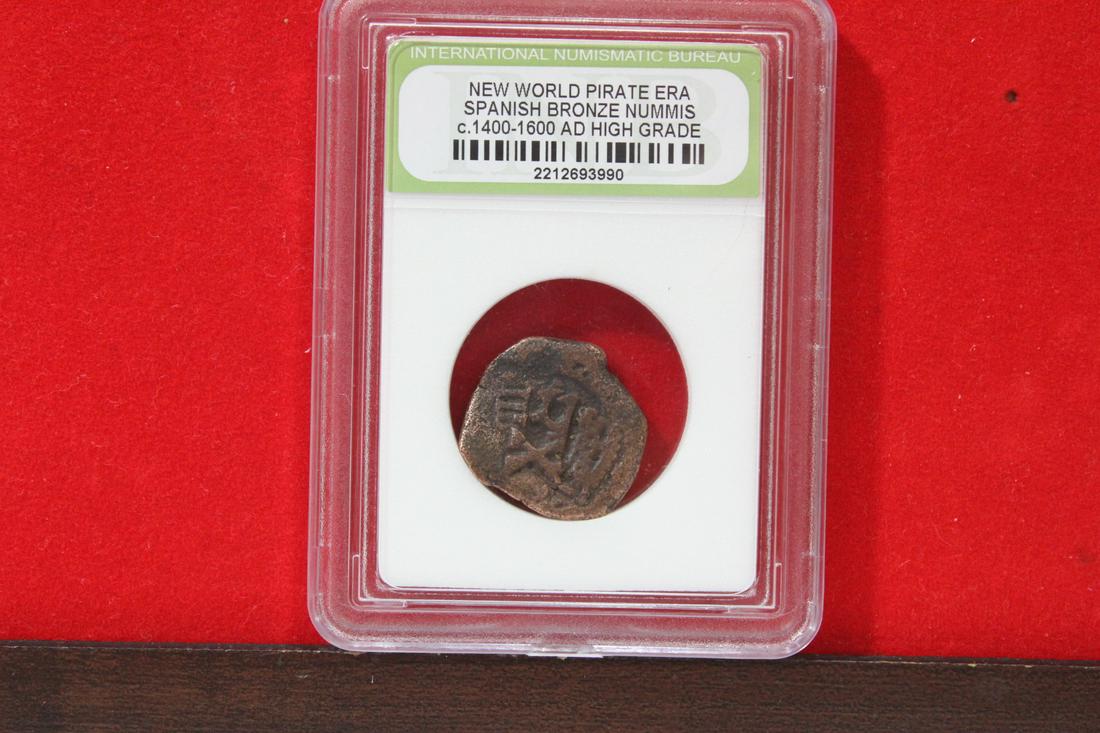 A Slabbed Spanish Bronze Nummis: High Grade - New World Pirate Era - c. 1400-1600 A.D.