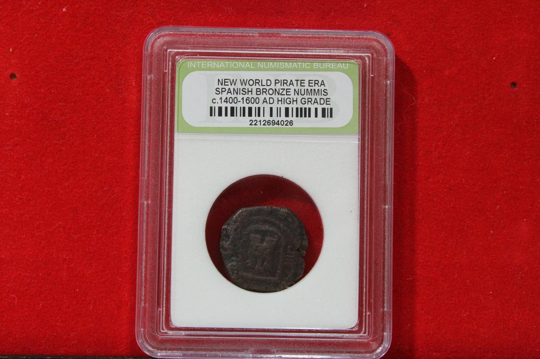 A Slabbed Spanish Bronze Nummis: High Grade - New World Pirate Era - c. 1400-1600 A.D.