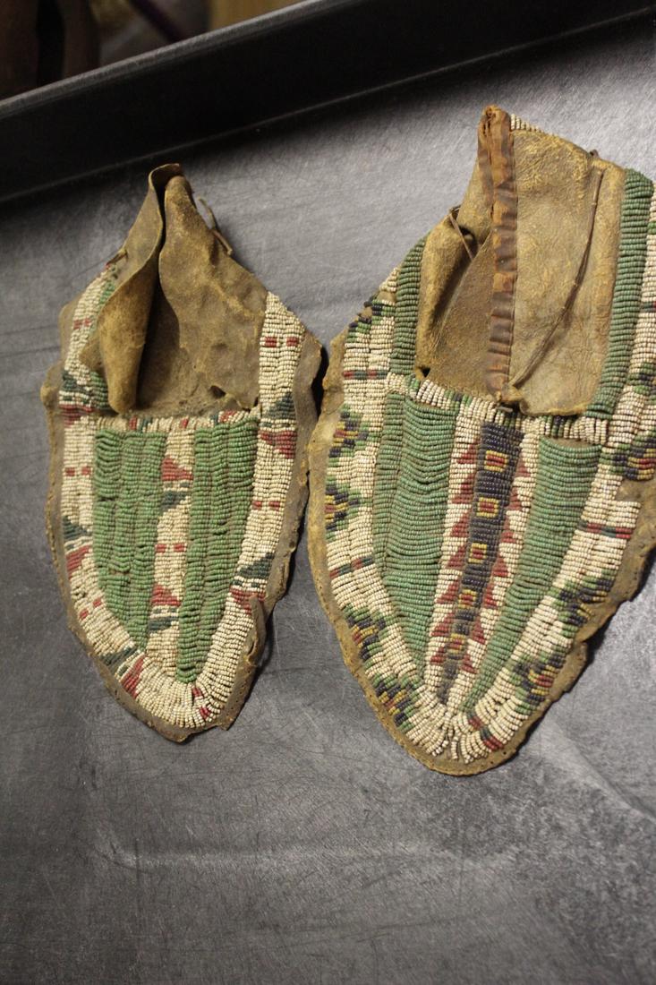 A Pair of All Leather Beaded Moccassins: Antique- Native American - please note: needs to be fixed, as found - dried up