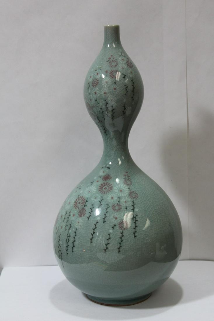 A Korean Celadon Gourd Vase: Artist Signed - 12" tall