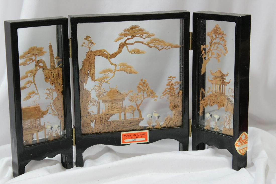 A Chinese Cork Art Tri-fold Screen: 10 1/2" across