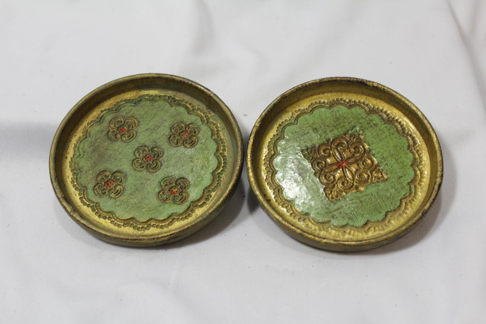 Set of 2 Italian Florentine Wood Coasters: 3 3/8" in diameter