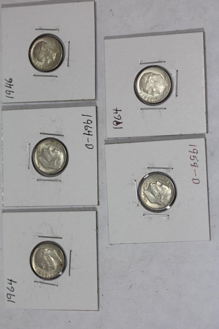 Lot of 5 90% Silver Roosevelt Dimes: as shown