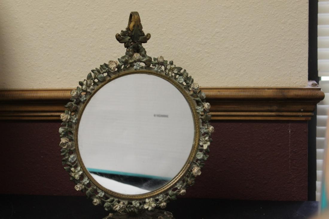 A Metal/Cast Iron Mirror and Stand: Polychrome - hand painted - 14 1/8" tall - very heavy for its size