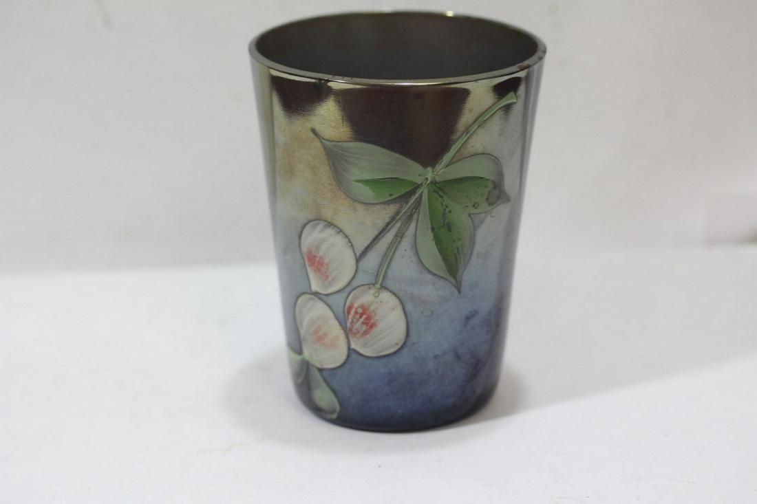 An Irridescent Hand Painted Tumbler: please note: tiny flea bites on the rim - 3 7/8" tall