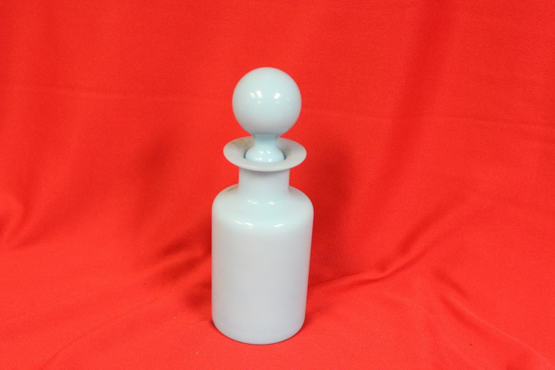 A Vintage Blue Glass Perfume Bottle: 6" tall