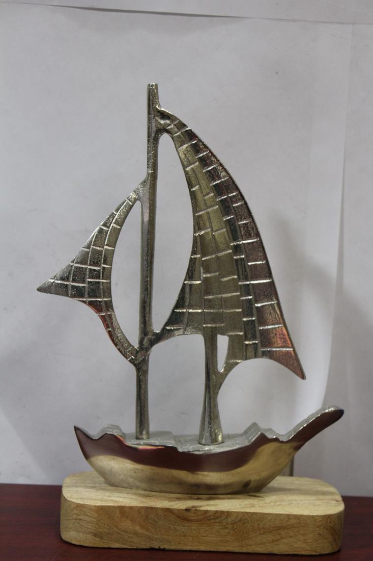 A Metal Boat on Wood Base: 13 1/8" tall