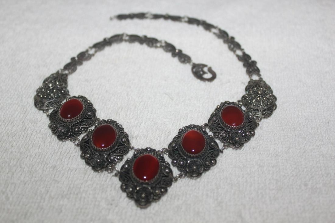 Antique Chinese Filigree Sterling Silver & Carnelian: Approx 16.5"Long Overall Unclasped ; Needs Minor Repair