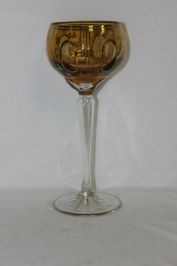 A Gold Guilted Stem Glass Goblet: Face cut design - 8 1/2" tall