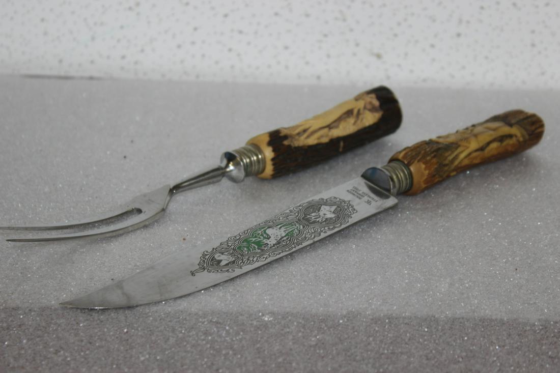 Set of Two Carved Antler Handle Serving Set: Knife= 12 1/2" long - Solingen, Germany