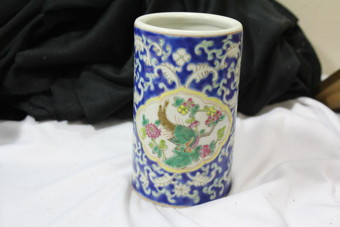 A Vintage Signed Chinese Porcelain Brush Pot: 5 1/4" tall