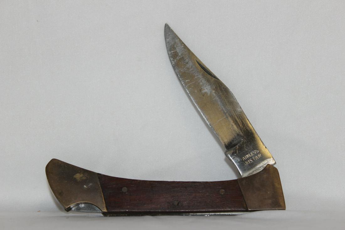 An Old Wood Handle Pocket Knife: 5" long when folded - 12 1/2” open