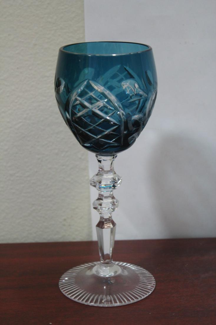 A Cut Glass Teal Blue Goblet: 8" tall