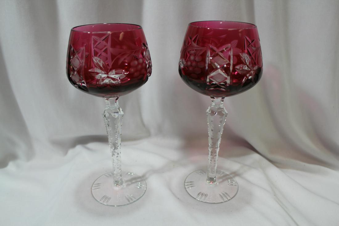 A Pair of Cranberry Cut Glass Goblets: 8" tall