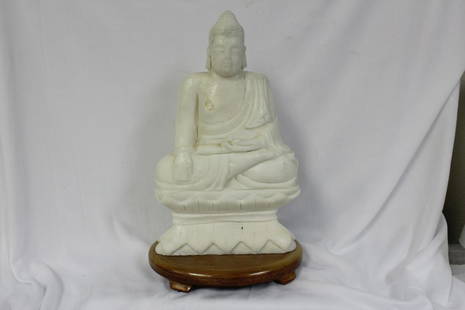 A Chinese Solid Marble Statue: on wood stand - 12" overall