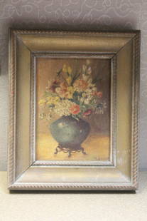 Vintage Oil on Board Still Life by Arndt: most likely Mari Arndt - overall= 7" x 8 3/8"