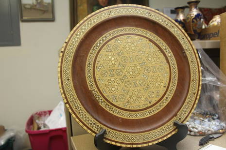 Inlaid Wall Hanger: vintage - wood - please note: minor losses - 16" in diameter