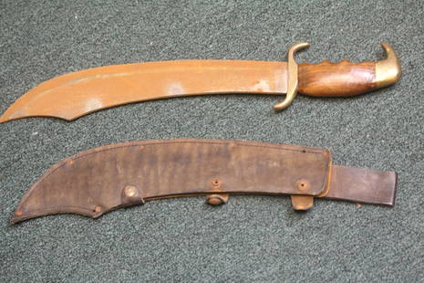 Vintage Sword with Leather Sheath: please note: both side of the blades= rusted, needs to be cleaned - overall= 17 3/4" across