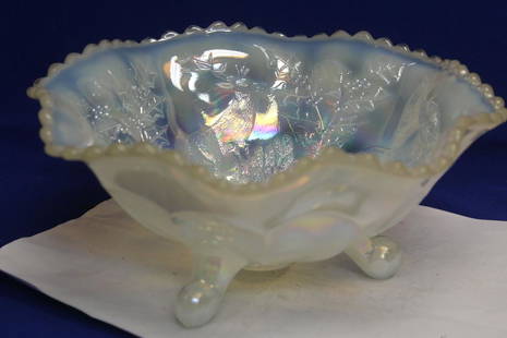 Footed Carnival Glass Bowl: white - iridescent - elk design - 9 5/8" wide