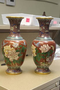 Pair of Impressive Chinese Cloisonne Vases: 15 inches tall