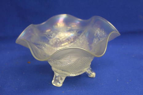 White Carnival Glass Footed Bowl: 7" in diameter