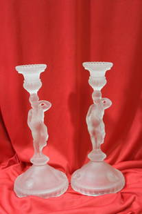 Set of 2 Frost Glass Candle Sticks: 10 3/4" tall