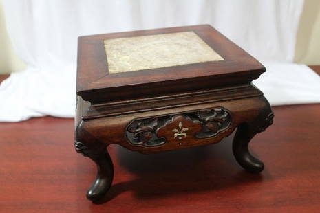 A Chinese Rosewood and Marble Stand: well made - with mother of pearl inlaid - 8 1/2" square - republic period