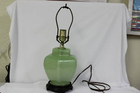 A Green Glass Lamp: Possibly Stuben glass - glass= 7" tall