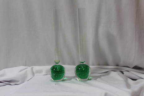 Lot of Two Green Glass Stem Vase: control bubble - 8" tall each