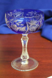 A Cobalt Blue Cut Glass Wine Goblet: 6 1/4" tall