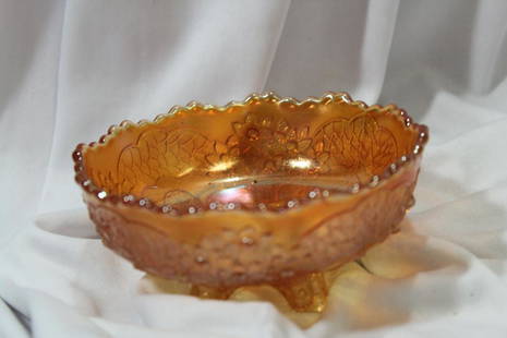 Orange Tree Carnival Glass Bowl: 3 legged bowl - 5" in diameter