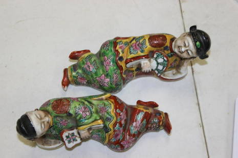 A Pair Of Early To Mid 20th Century Chinese Reclining Figures: (Small Blemishes As Shown) Measures At 6 3/4" Inches Long