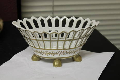 A 4 Legged Basket Holder: Fine Spain reticulated gold gilt porcelain - 7 5/8" long