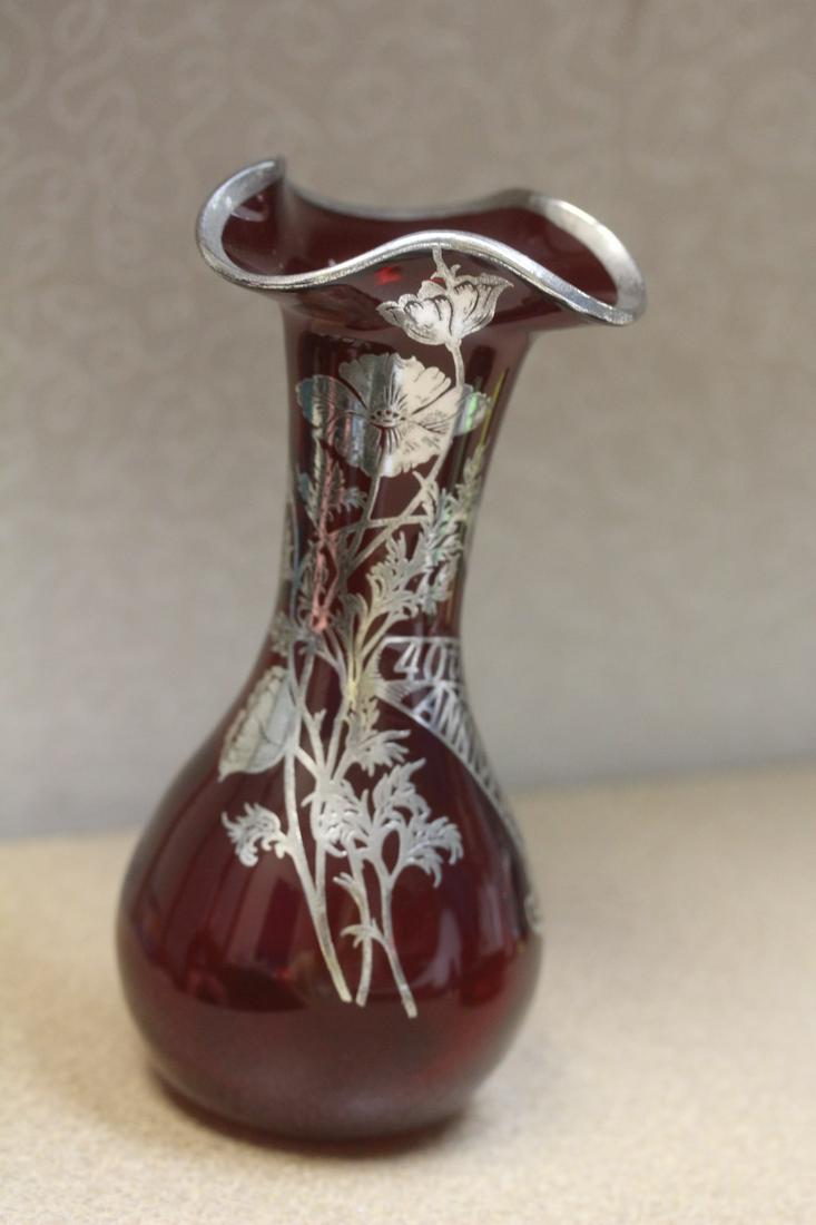 Ruby Red Vase: sterling silver overlay - 7 inches tall
