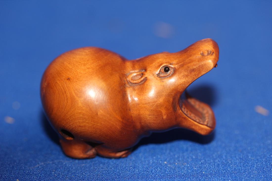 Signed Japanese Wooden Hippo Netsuke: 2" across