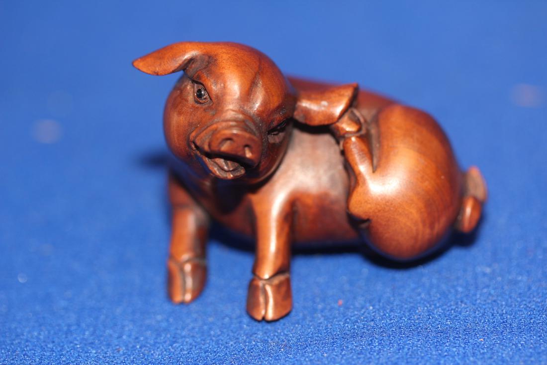 Signed Japanese Wooden Pig Netsuke: 1 7/8" across