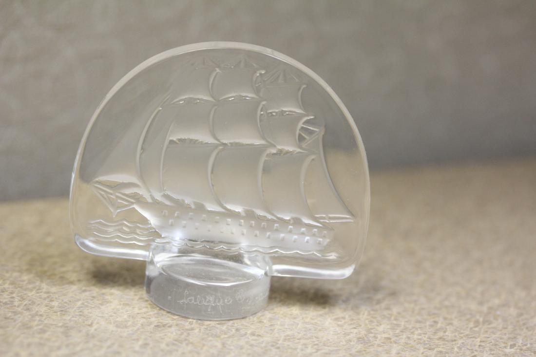 Signed Lalique Small Plaque: Lalique, France - crystal small clipper ship plaque - 2 3/8" across
