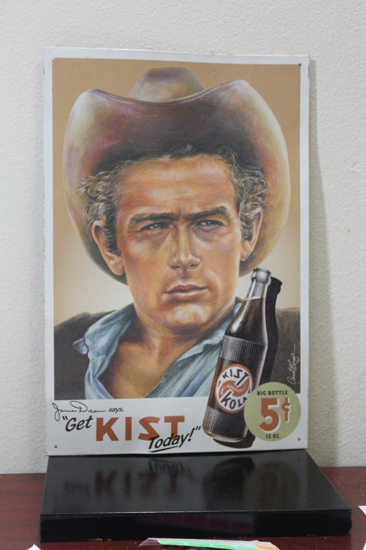A Reproduction James Dean Advertising Metal Sign: a little worn - overall= 16" x 10 3/4"