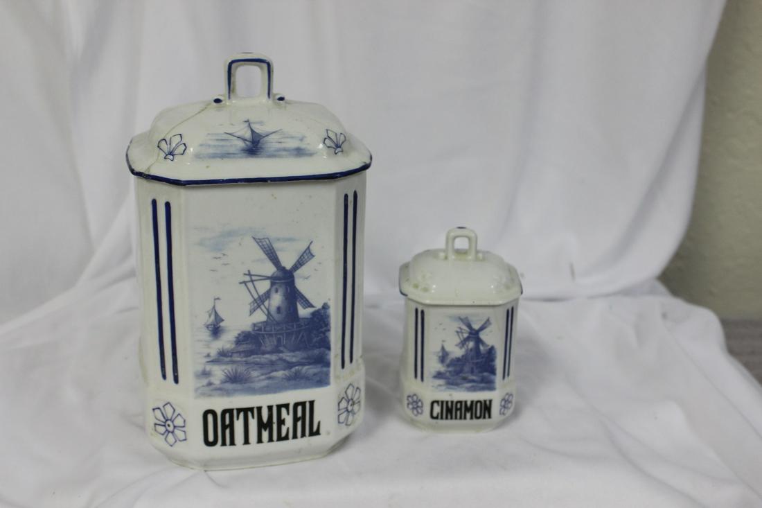 Lot of 2 Delft Style Containers: both as found - taller= 8"