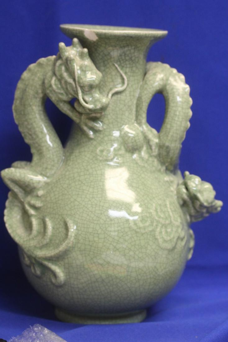 Chinese Celadon Dragon Vase: please note: chip as shown - 12 1/4" tall