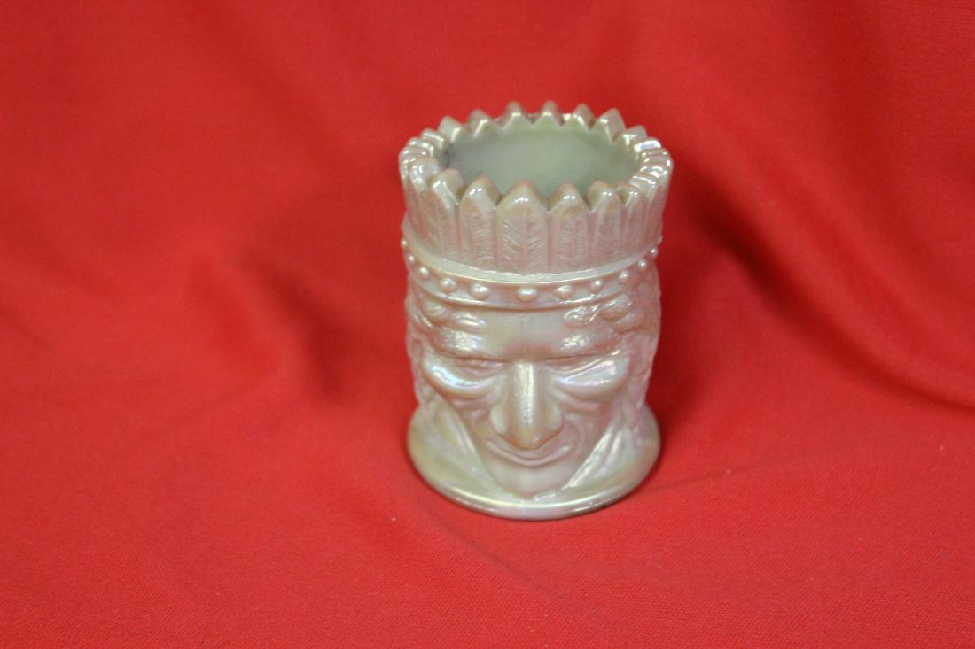 A Marked Joe St.Claire Indian chief Toothpick Holder: Iridesent glass - 3 inches tall