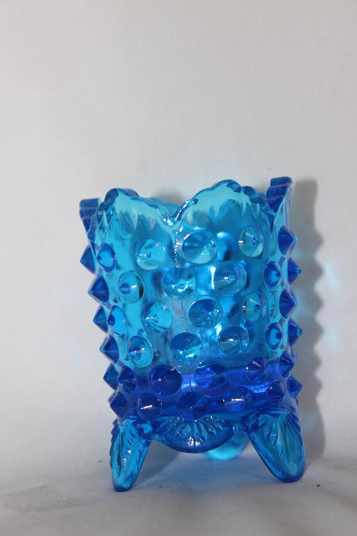 A Blue Glass Toothpick Holder: 3" tall