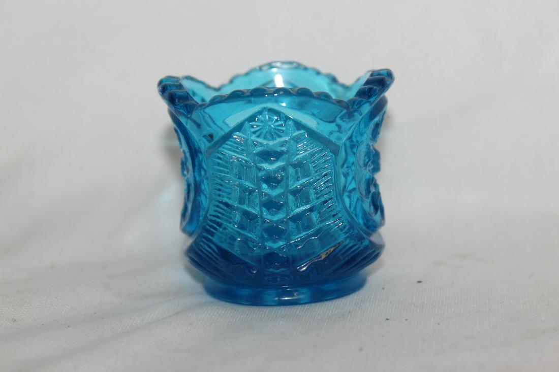 A Blue Glass Toothpick Holder: 2" tall
