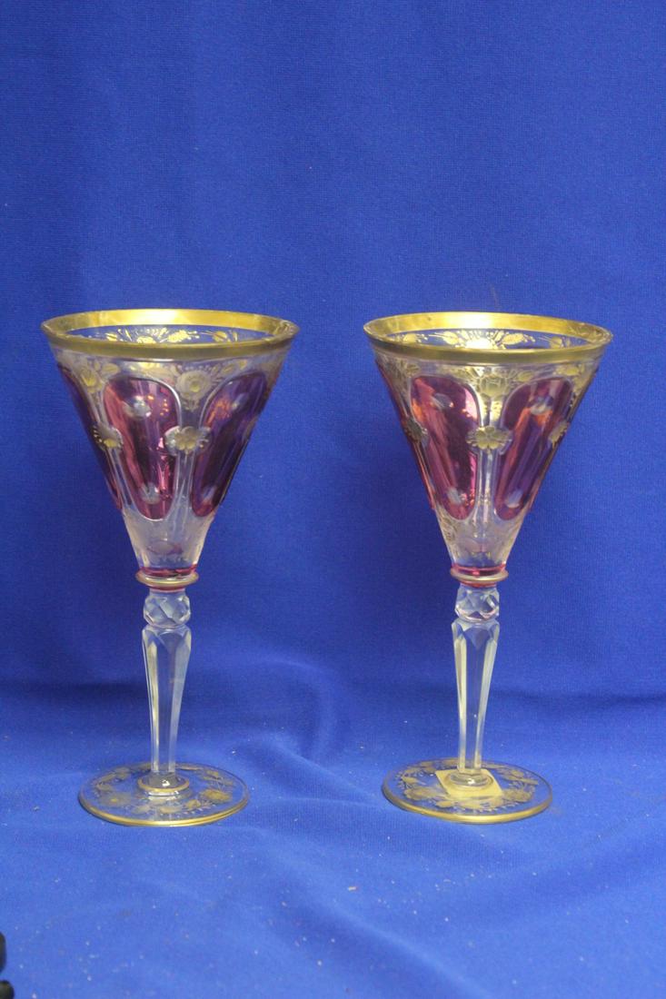 A Pair of Large Moser Glass Goblets: cranberry and gold gilted - impressive - each= 8 3/4" tall