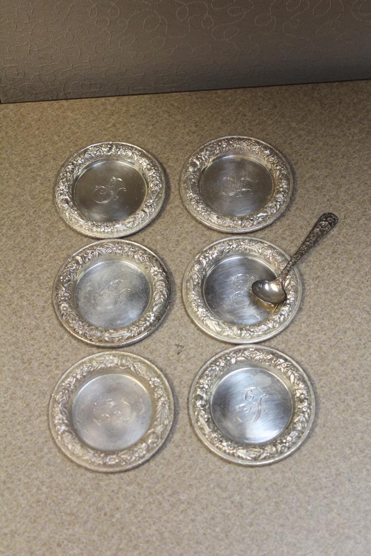 Set of 6 Kirk and Son Salt Container: sterling repousse - with one sterling spoon - please note= monogrammed - dish diameter=2 5/8"