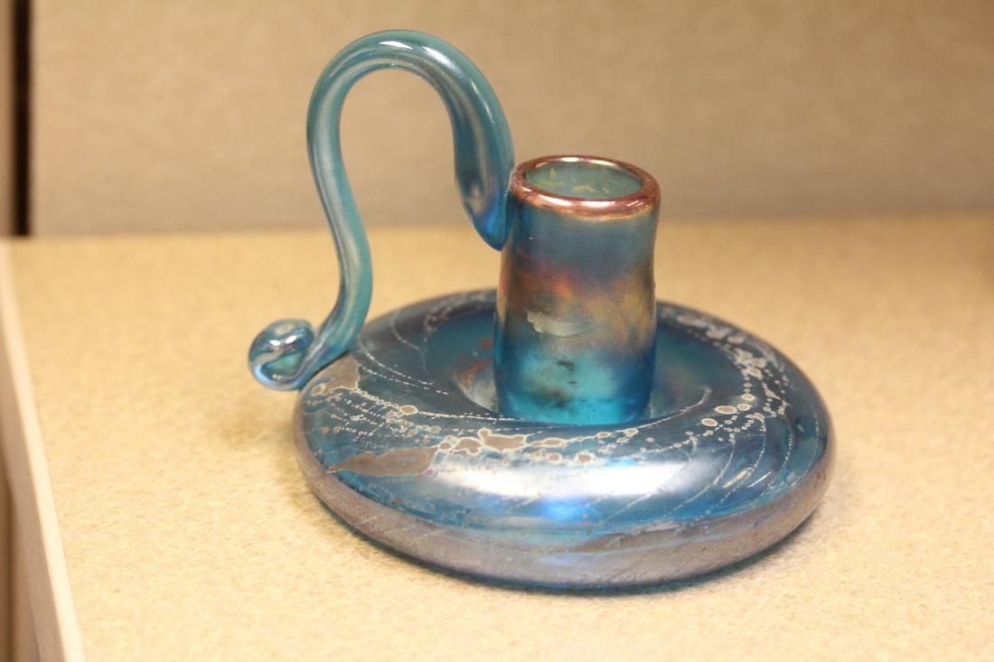 Signed Coleman Iridescent Glass Candle Holder: unusual form - 4 1/2" in diameter