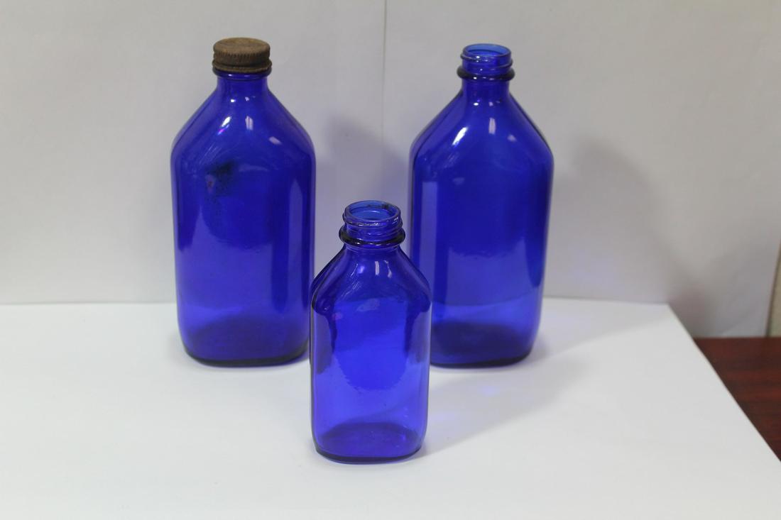 Lot of 3 Cobalt Blue Glass Bottles: tallest= 7 inches