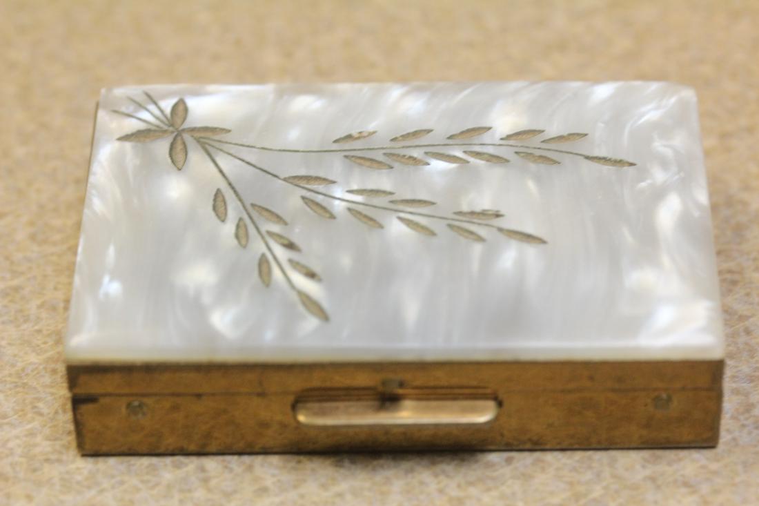 Mother of Pearl and Metal Pill Box: 2 7/8" across